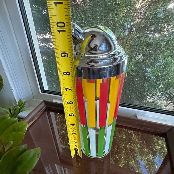 Mid-CenturyOrange and Green Striped Glass Cocktail Shaker w/ Chrome Top, 10” - Picture 12 of 16